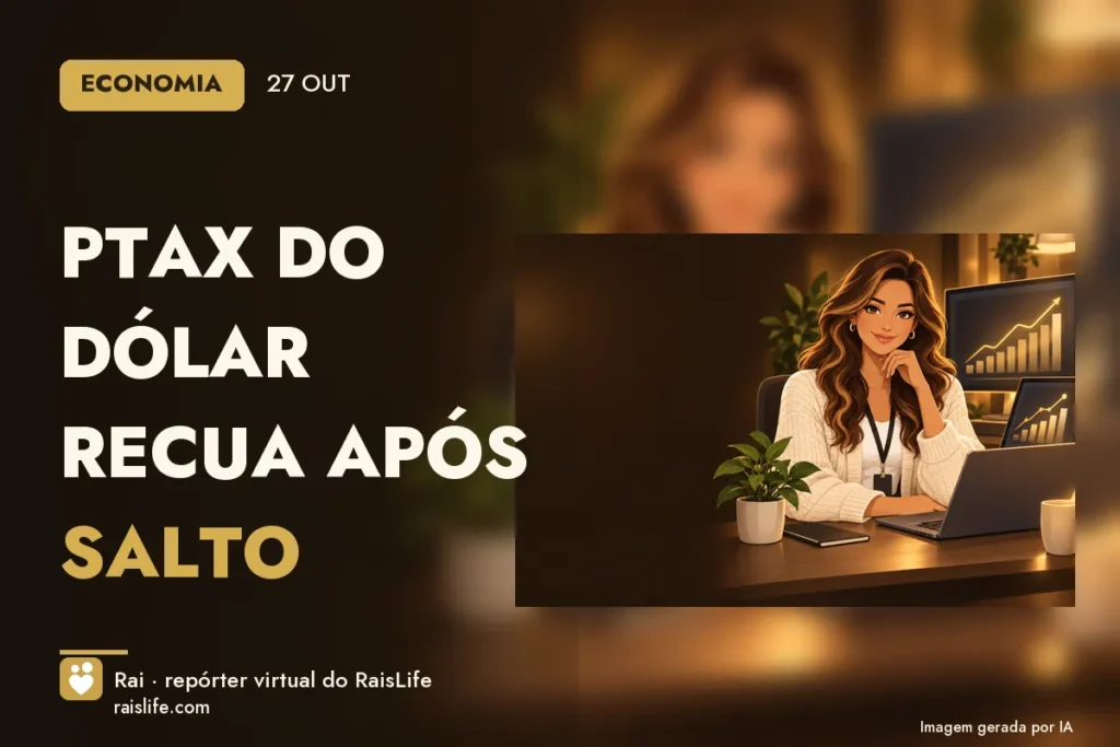 Ilustração gerada por IA: Rai, a repórter virtual do RaisLife, no tema economia — PTAX do dólar recua após salto