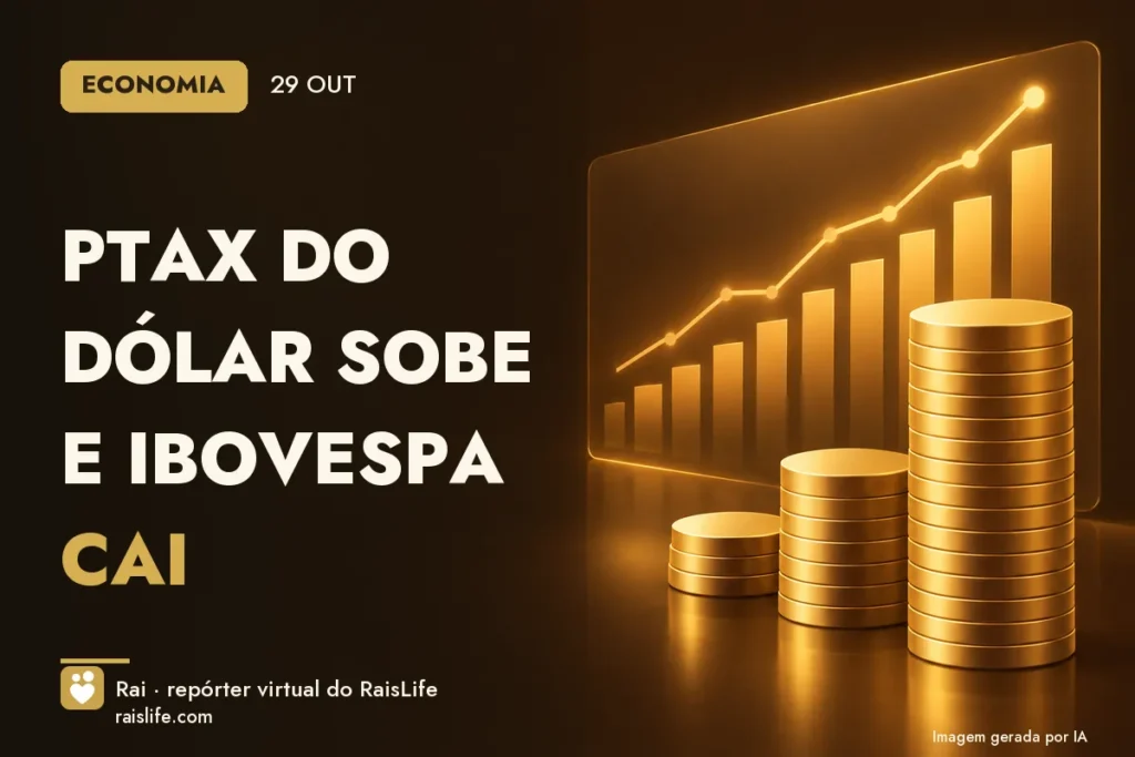 Ilustração gerada por IA: objetos do tema economia, sem pessoas — PTAX do dólar sobe e Ibovespa cai