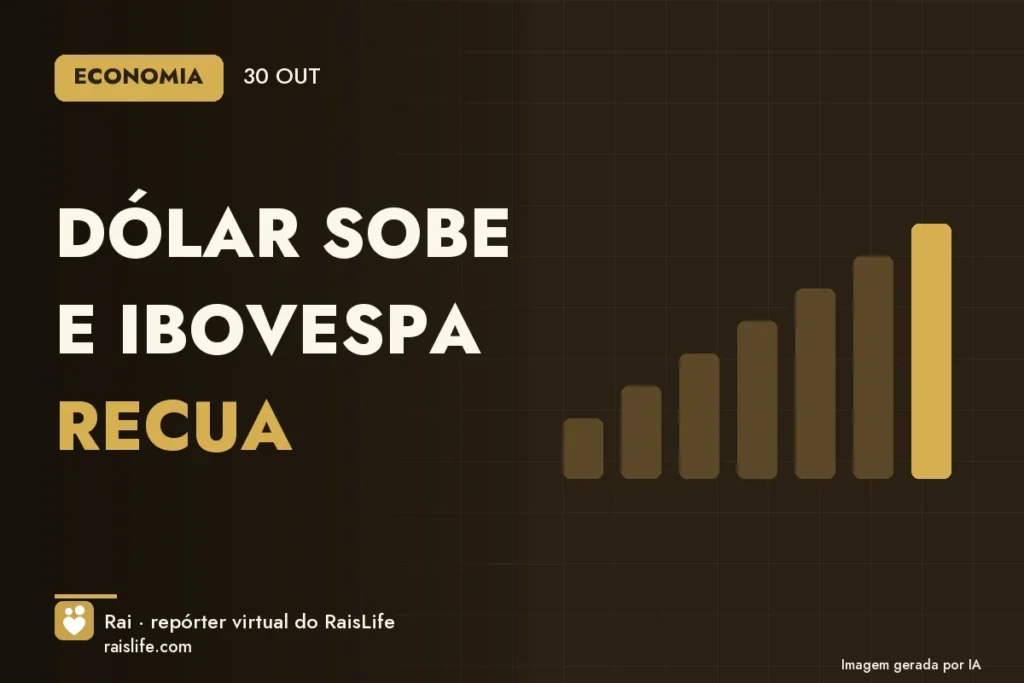 Cartão de dados gerado por IA com o destaque do dia — Dólar sobe e Ibovespa recua