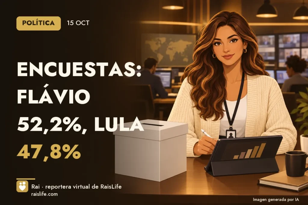Ilustración generada por IA: Rai, la reportera virtual de RaisLife, en el tema política — Encuestas: Flávio 52,2%, Lula 47,8%