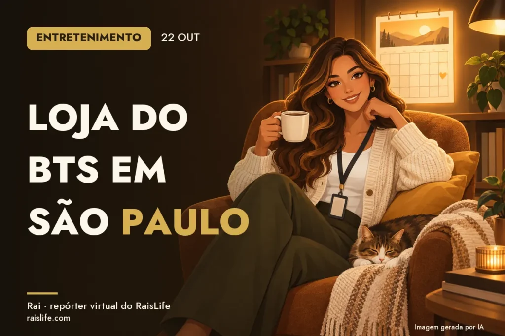 Ilustração gerada por IA: Rai, a repórter virtual do RaisLife, no tema entretenimento — Loja do BTS em São Paulo