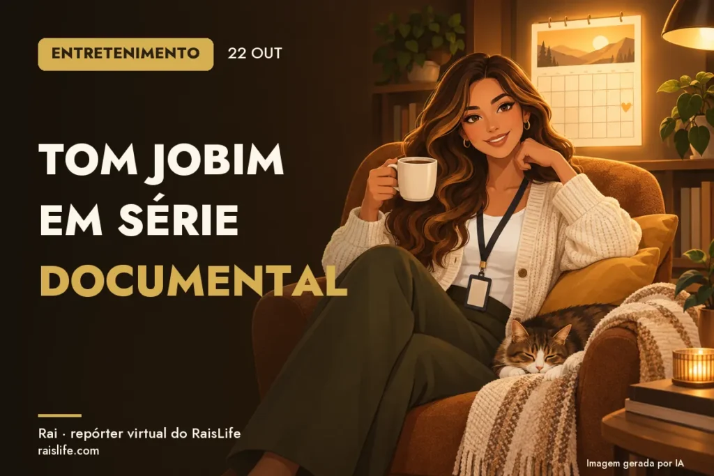 Ilustração gerada por IA: Rai, a repórter virtual do RaisLife, no tema entretenimento — Tom Jobim em série documental