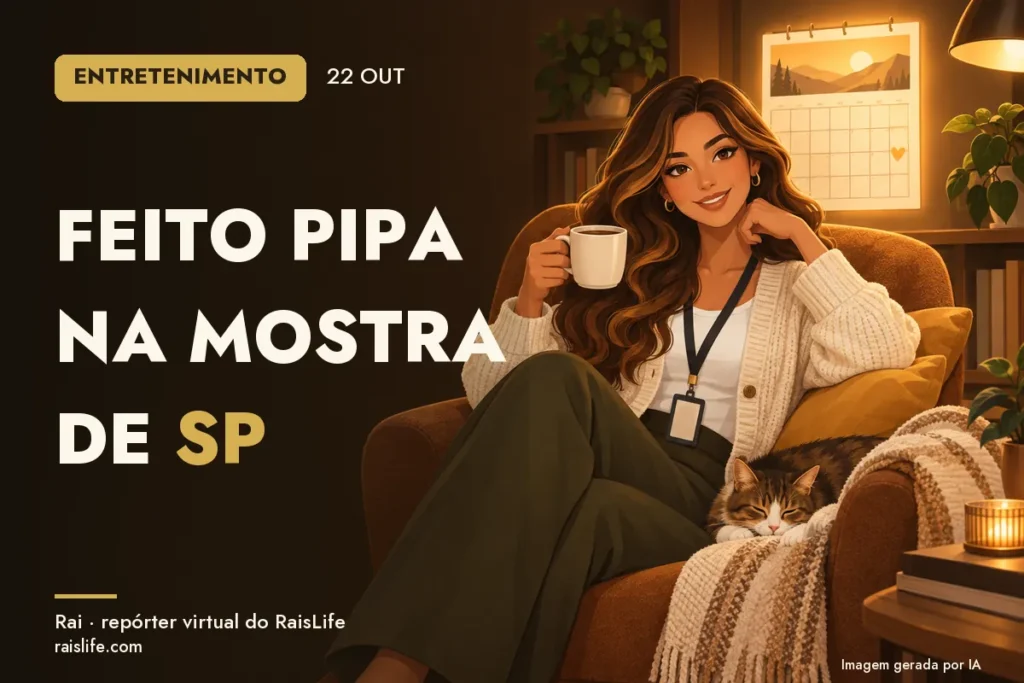 Ilustração gerada por IA: Rai, a repórter virtual do RaisLife, no tema entretenimento — Feito Pipa na Mostra de SP