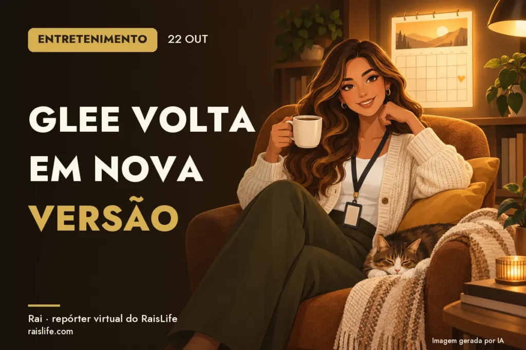 Ilustração gerada por IA: Rai, a repórter virtual do RaisLife, no tema entretenimento — Glee volta em nova versão