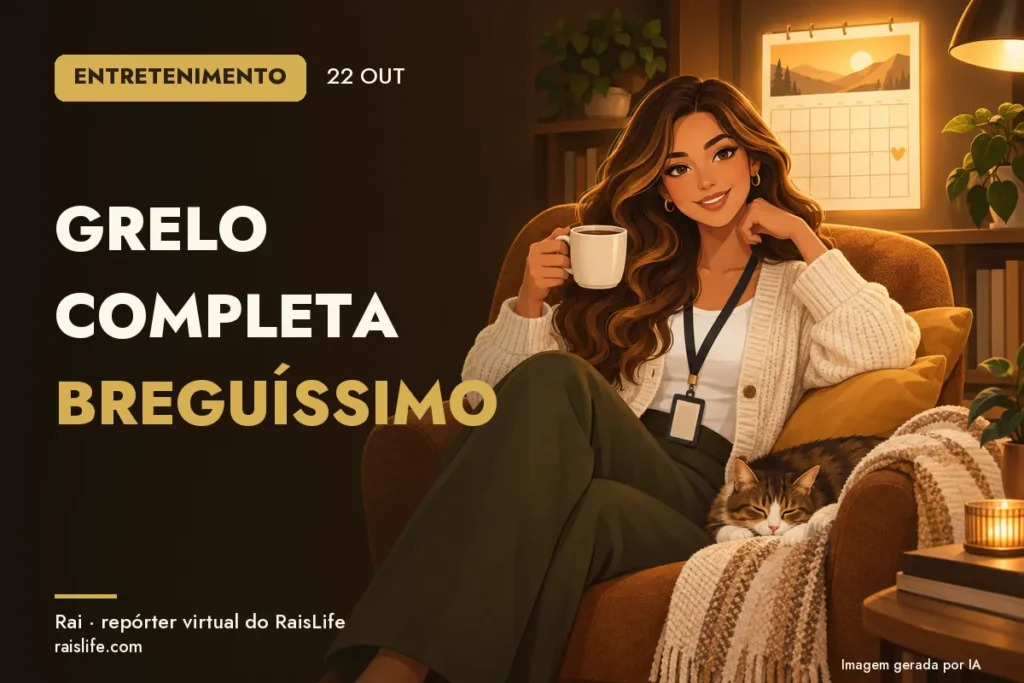 Ilustração gerada por IA: Rai, a repórter virtual do RaisLife, no tema entretenimento — Grelo completa Breguíssimo