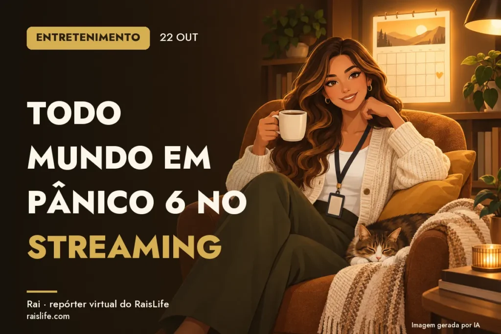Ilustração gerada por IA: Rai, a repórter virtual do RaisLife, no tema entretenimento — Todo Mundo em Pânico 6 no streaming