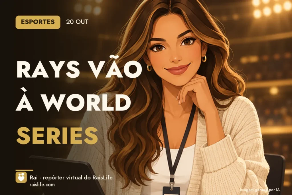 Ilustração gerada por IA: Rai, a repórter virtual do RaisLife, no tema esportes — Rays vão à World Series