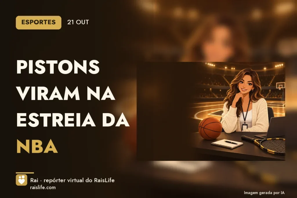 Ilustração gerada por IA: Rai, a repórter virtual do RaisLife, no tema esportes — Pistons viram na estreia da NBA
