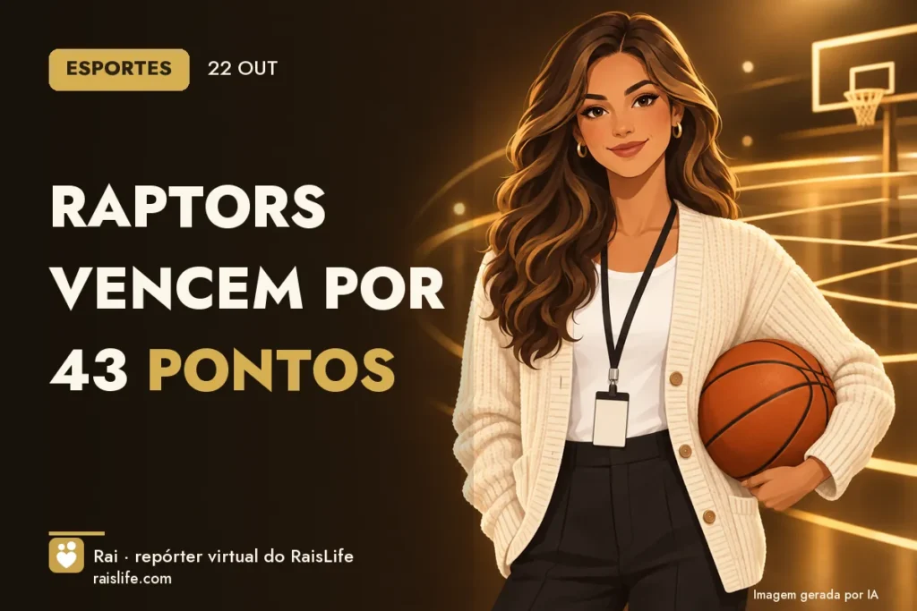 Ilustração gerada por IA: Rai, a repórter virtual do RaisLife, no tema esportes — Raptors vencem por 43 pontos