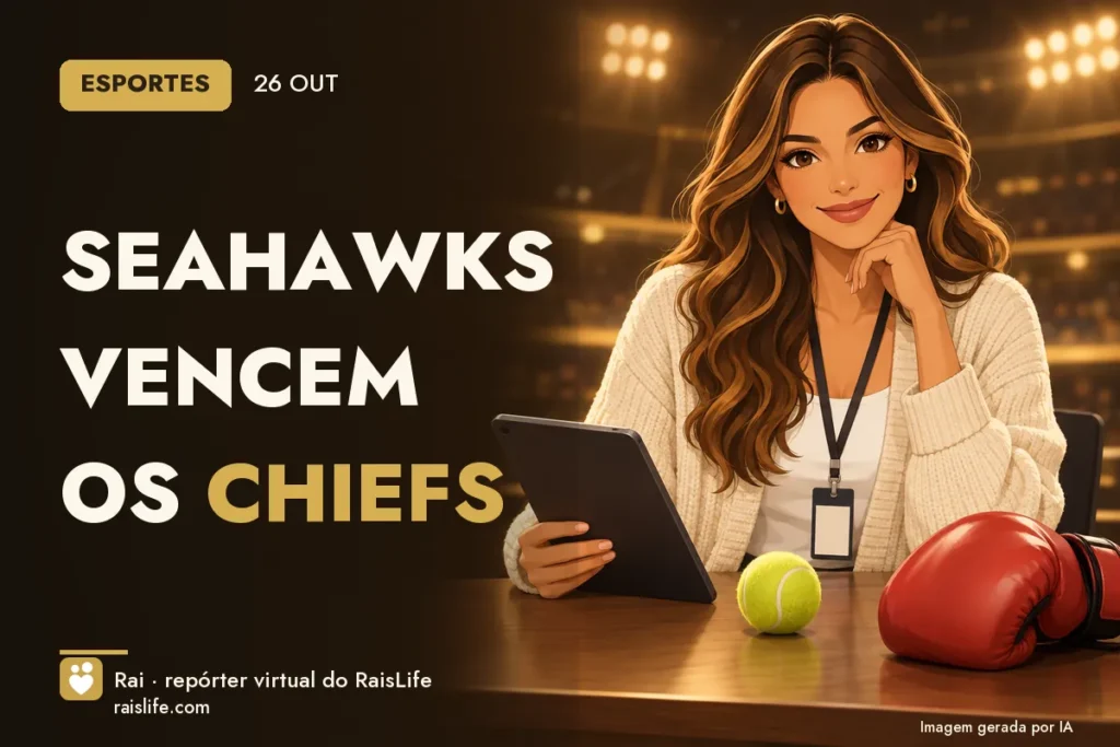 Ilustração gerada por IA: Rai, a repórter virtual do RaisLife, no tema esportes — Seahawks vencem os Chiefs