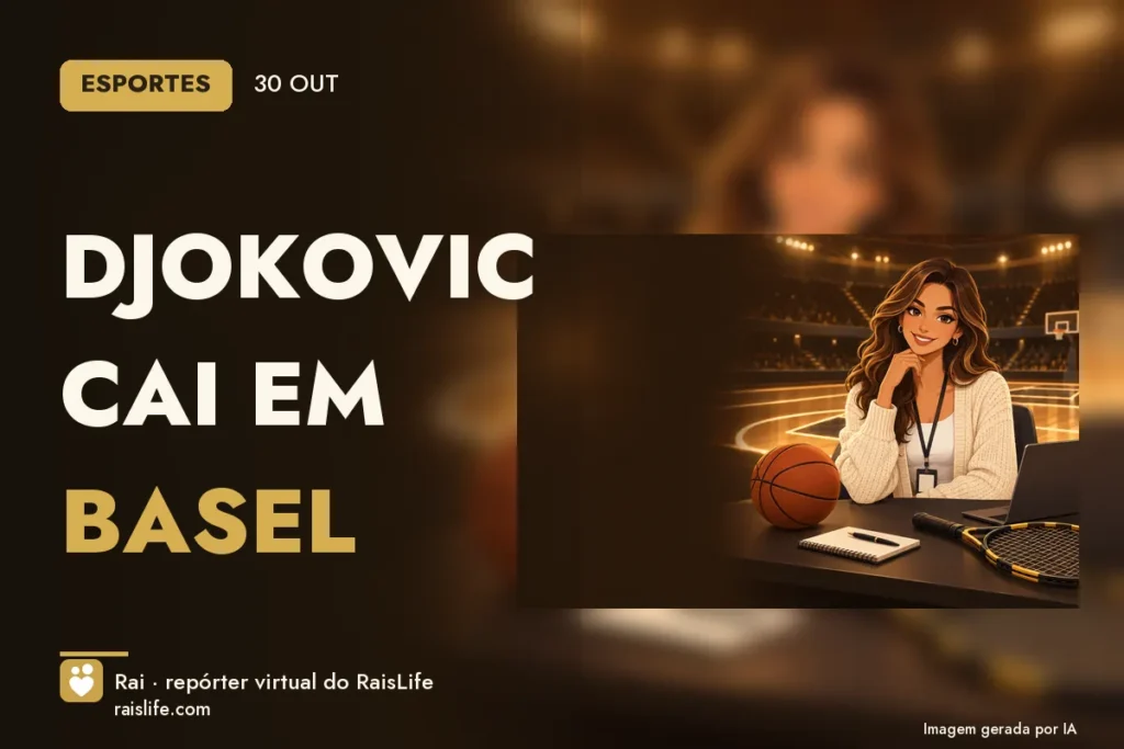Ilustração gerada por IA: Rai, a repórter virtual do RaisLife, no tema esportes — Djokovic cai em Basel