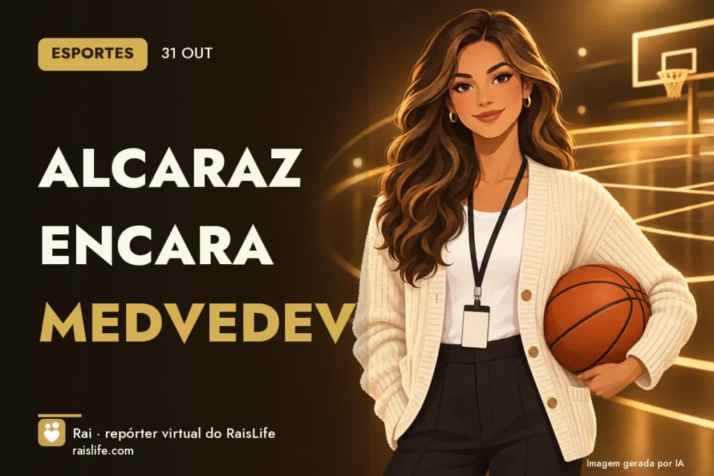 Ilustração gerada por IA: Rai, a repórter virtual do RaisLife, no tema esportes — Alcaraz encara Medvedev
