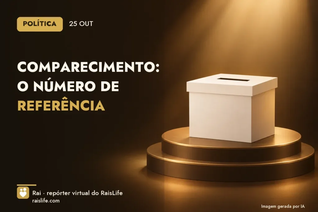 Ilustração gerada por IA: objetos do tema politica, sem pessoas — Comparecimento: o número de referência
