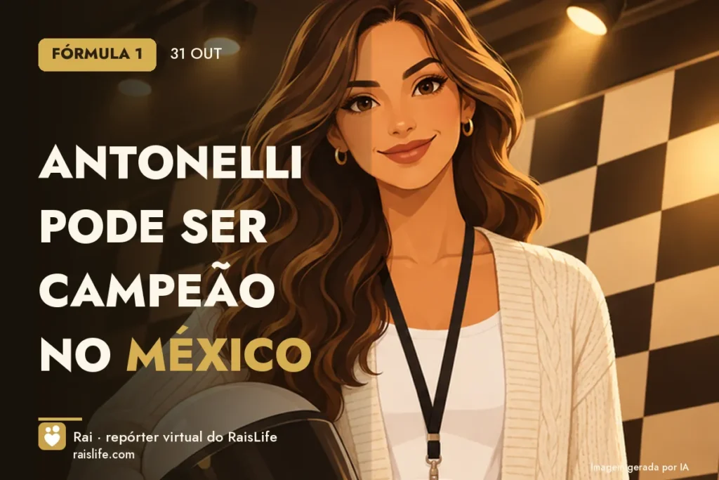 Ilustração gerada por IA: Rai, a repórter virtual do RaisLife, no tema formula-1 — Antonelli pode ser campeão no México