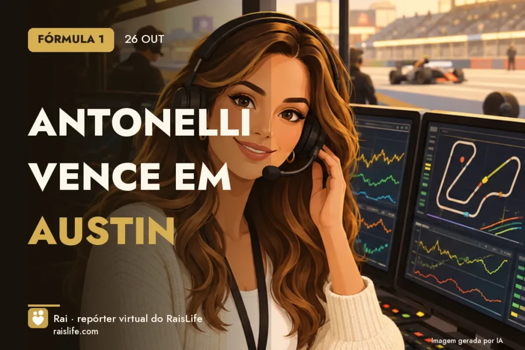 Ilustração gerada por IA: Rai, a repórter virtual do RaisLife, no tema formula-1 — Antonelli vence em Austin