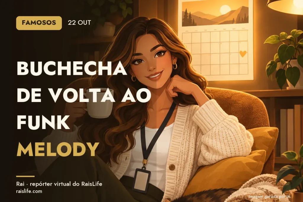 Ilustração gerada por IA: Rai, a repórter virtual do RaisLife, no tema famosos — Buchecha de volta ao funk melody