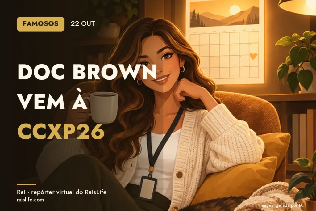 Ilustração gerada por IA: Rai, a repórter virtual do RaisLife, no tema famosos — Doc Brown vem à CCXP26