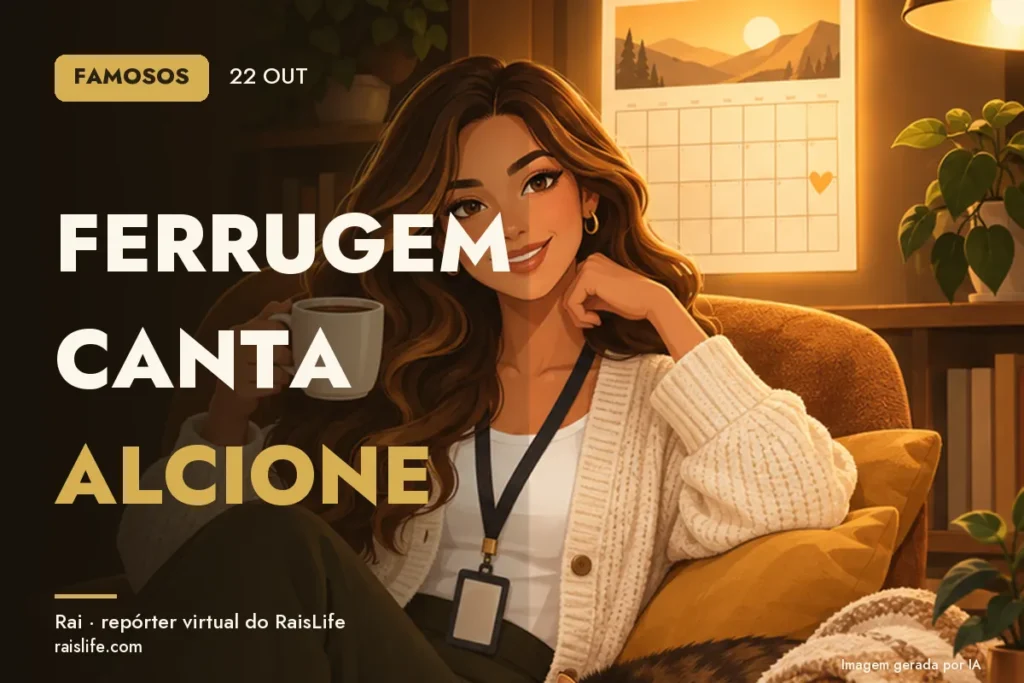 Ilustração gerada por IA: Rai, a repórter virtual do RaisLife, no tema famosos — Ferrugem canta Alcione