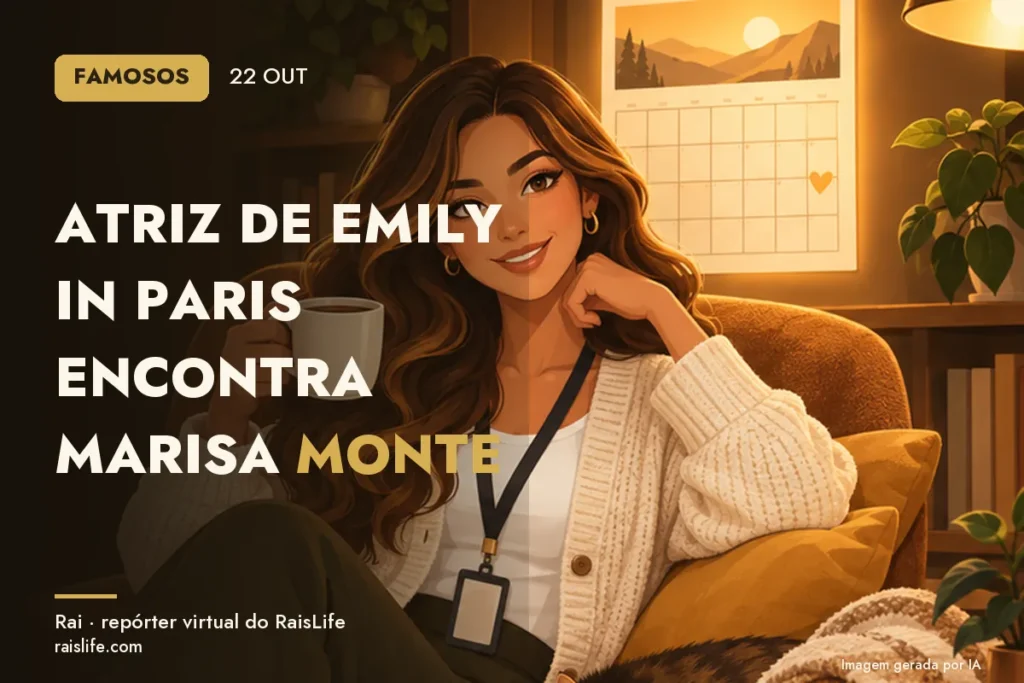 Ilustração gerada por IA: Rai, a repórter virtual do RaisLife, no tema famosos — Atriz de Emily in Paris encontra Marisa Monte