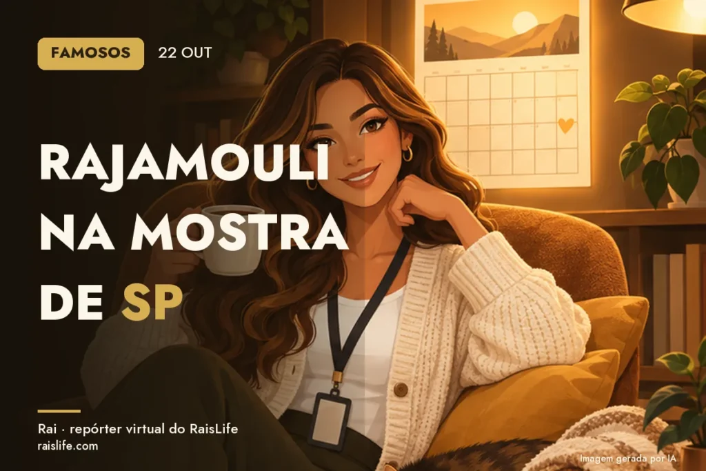 Ilustração gerada por IA: Rai, a repórter virtual do RaisLife, no tema famosos — Rajamouli na Mostra de SP
