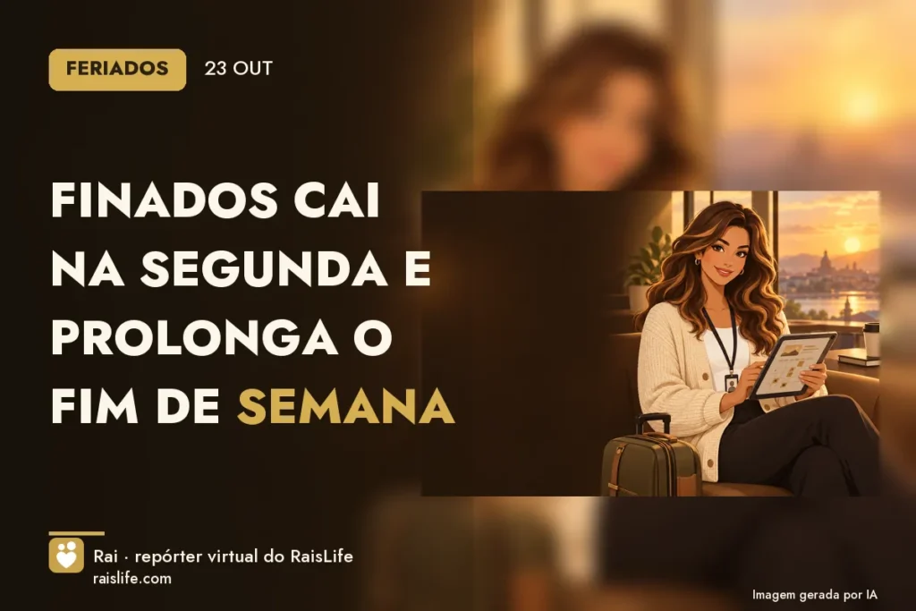 Ilustração gerada por IA: Rai, a repórter virtual do RaisLife, no tema feriados — Finados cai na segunda e prolonga o fim de semana
