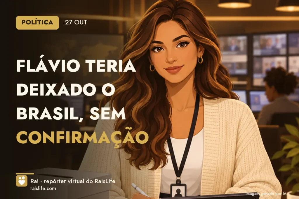 Ilustração gerada por IA: Rai, a repórter virtual do RaisLife, no tema politica — Flávio teria deixado o Brasil, sem confirmação