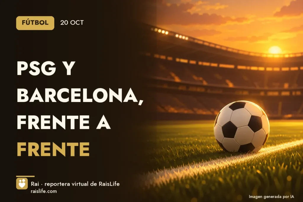 Portada ilustrada generada por IA (crédito: Rai, la reportera virtual de RaisLife), fútbol — PSG y Barcelona, frente a frente