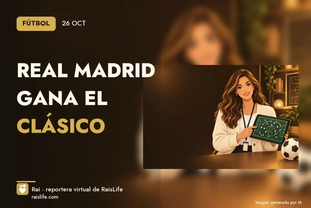 Portada ilustrada generada por IA (crédito: Rai, la reportera virtual de RaisLife), fútbol — Real Madrid gana el clásico