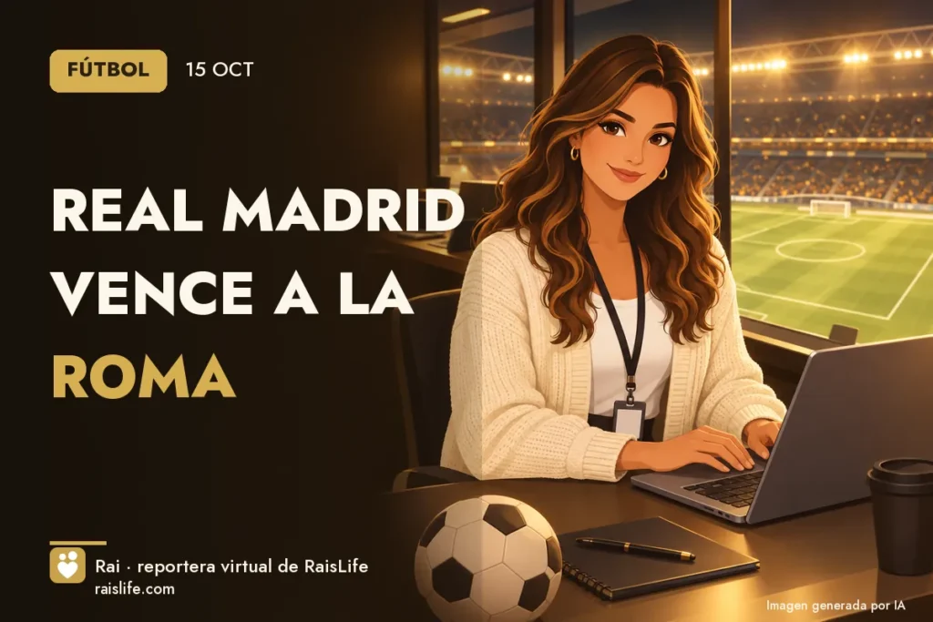Ilustración generada por IA: Rai, la reportera virtual de RaisLife, en el tema futebol — Real Madrid vence a la Roma