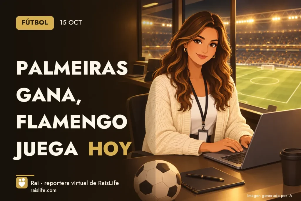 Ilustración generada por IA: Rai, la reportera virtual de RaisLife, en el tema futebol — Palmeiras gana, Flamengo juega hoy