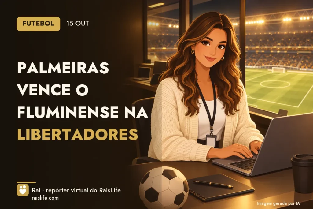 Ilustração gerada por IA: Rai, a repórter virtual do RaisLife, no tema futebol — Palmeiras vence o Fluminense na Libertadores