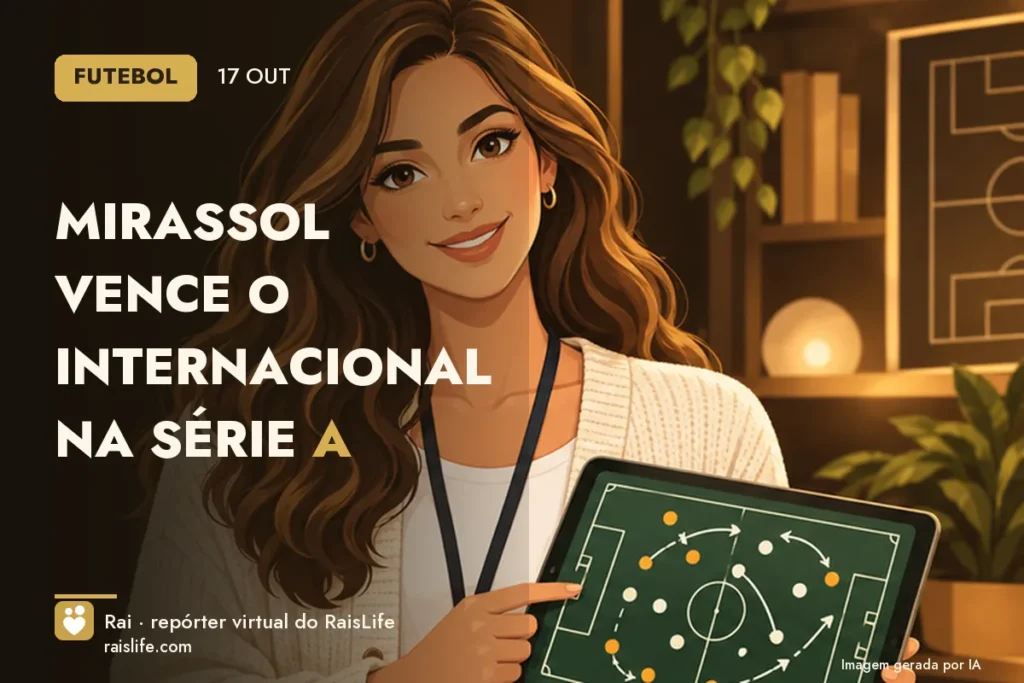 Ilustração gerada por IA: Rai, a repórter virtual do RaisLife, no tema futebol — Mirassol vence o Internacional na Série A
