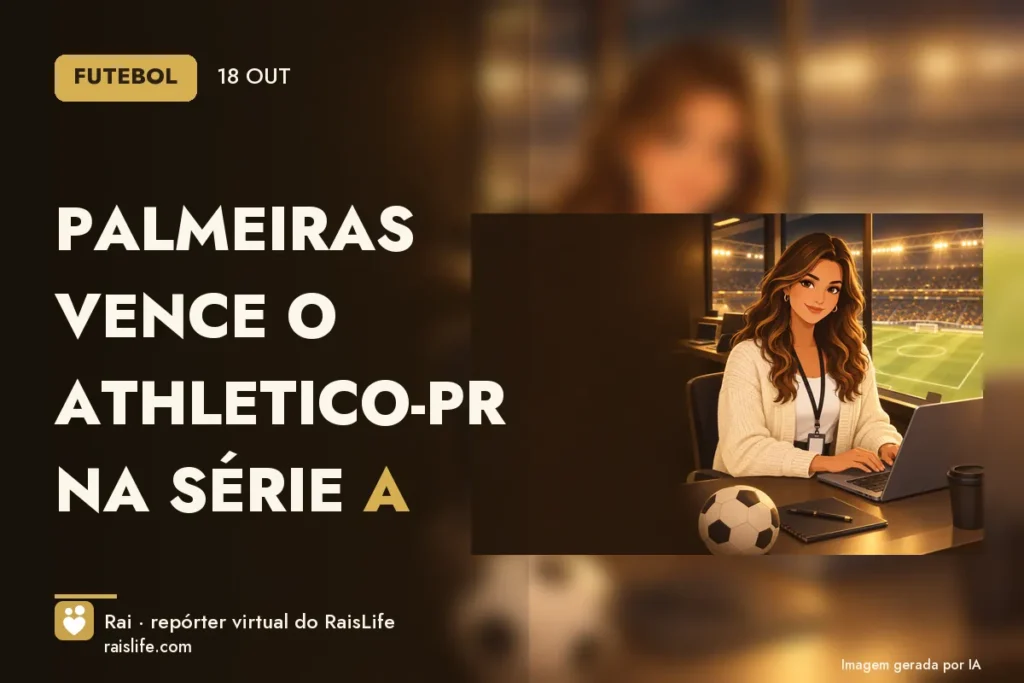 Ilustração gerada por IA: Rai, a repórter virtual do RaisLife, no tema futebol — Palmeiras vence o Athletico-PR na Série A