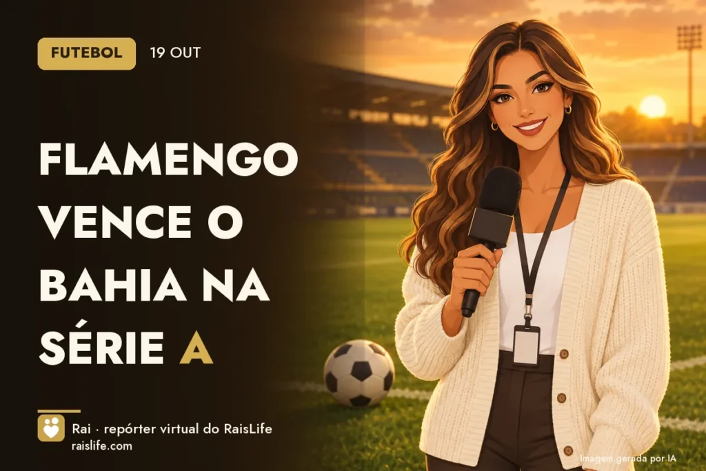 Ilustração gerada por IA: Rai, a repórter virtual do RaisLife, no tema futebol — Flamengo vence o Bahia na Série A