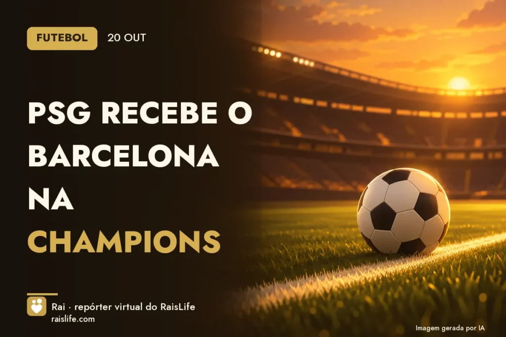 Ilustração gerada por IA: objetos do tema futebol, sem pessoas — PSG recebe o Barcelona na Champions