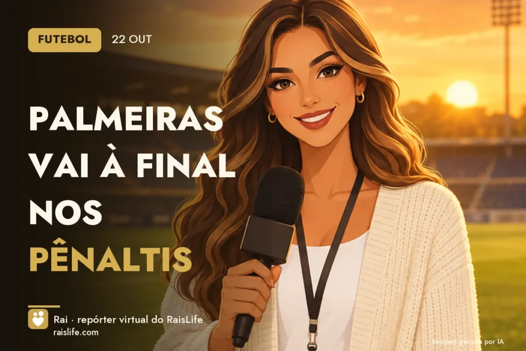 Ilustração gerada por IA: Rai, a repórter virtual do RaisLife, no tema futebol — Palmeiras vai à final nos pênaltis