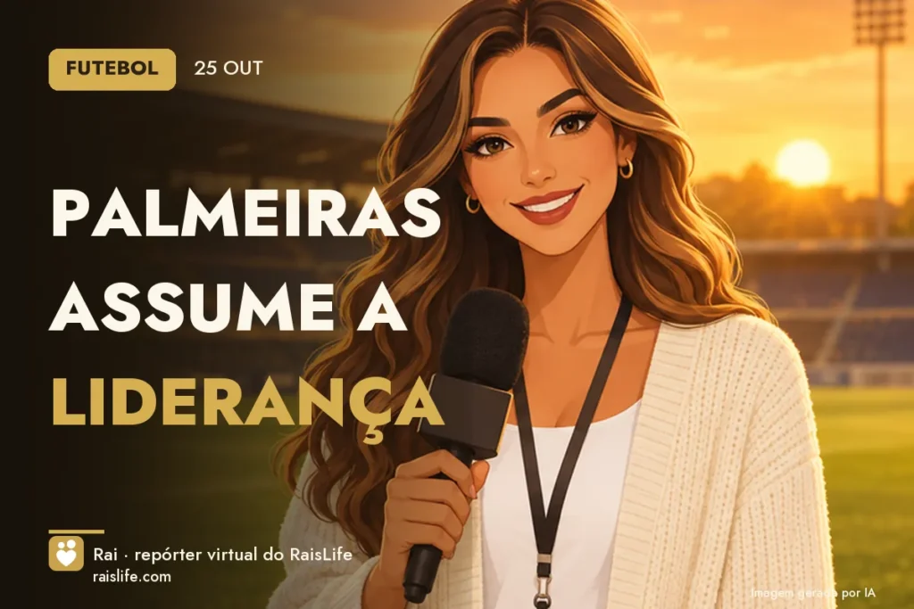 Ilustração gerada por IA: Rai, a repórter virtual do RaisLife, no tema futebol — Palmeiras assume a liderança
