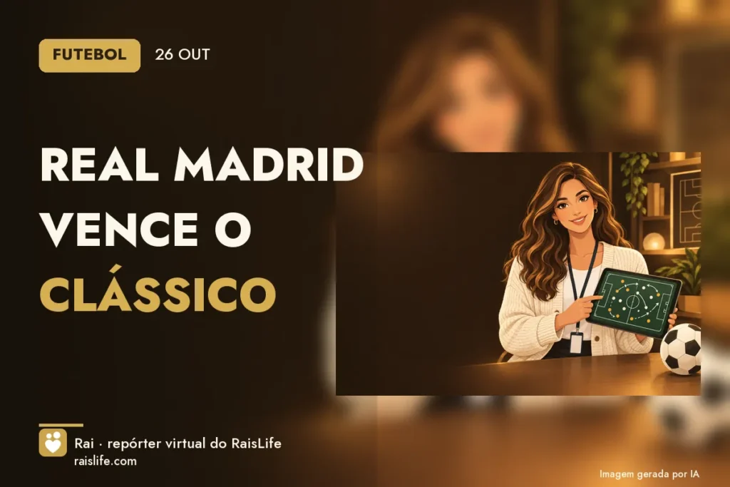 Ilustração gerada por IA: Rai, a repórter virtual do RaisLife, no tema futebol — Real Madrid vence o clássico
