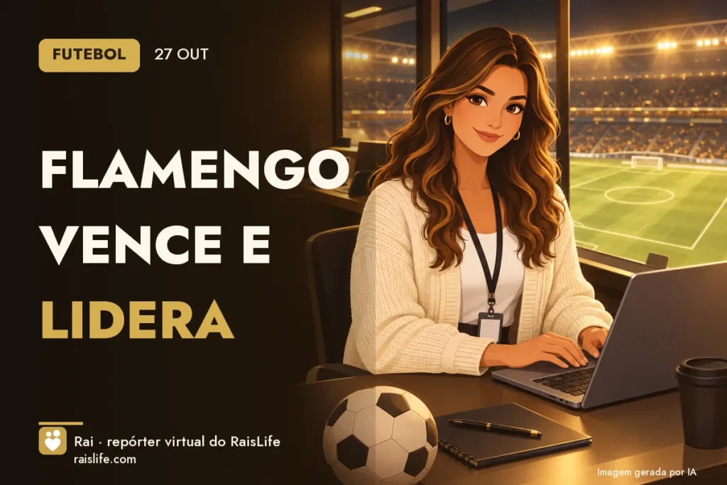 Ilustração gerada por IA: Rai, a repórter virtual do RaisLife, no tema futebol — Flamengo vence e lidera
