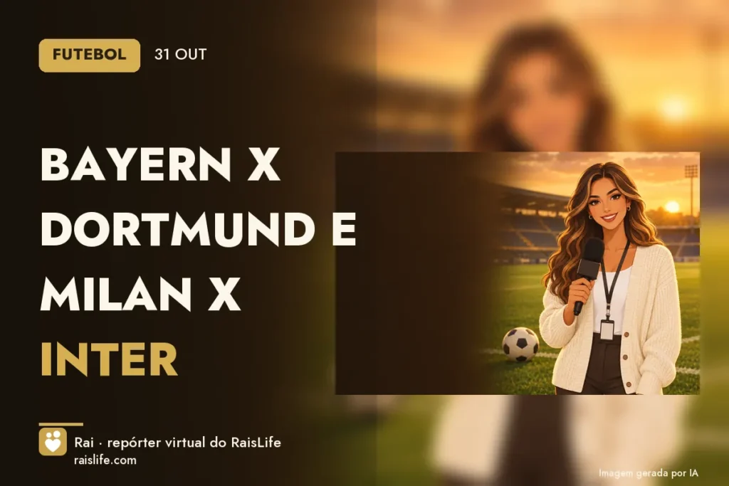 Ilustração gerada por IA: Rai, a repórter virtual do RaisLife, no tema futebol — Bayern x Dortmund e Milan x Inter