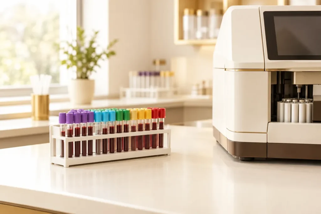 Tubos de sangue com tampas coloridas e aparelho de contagem de células