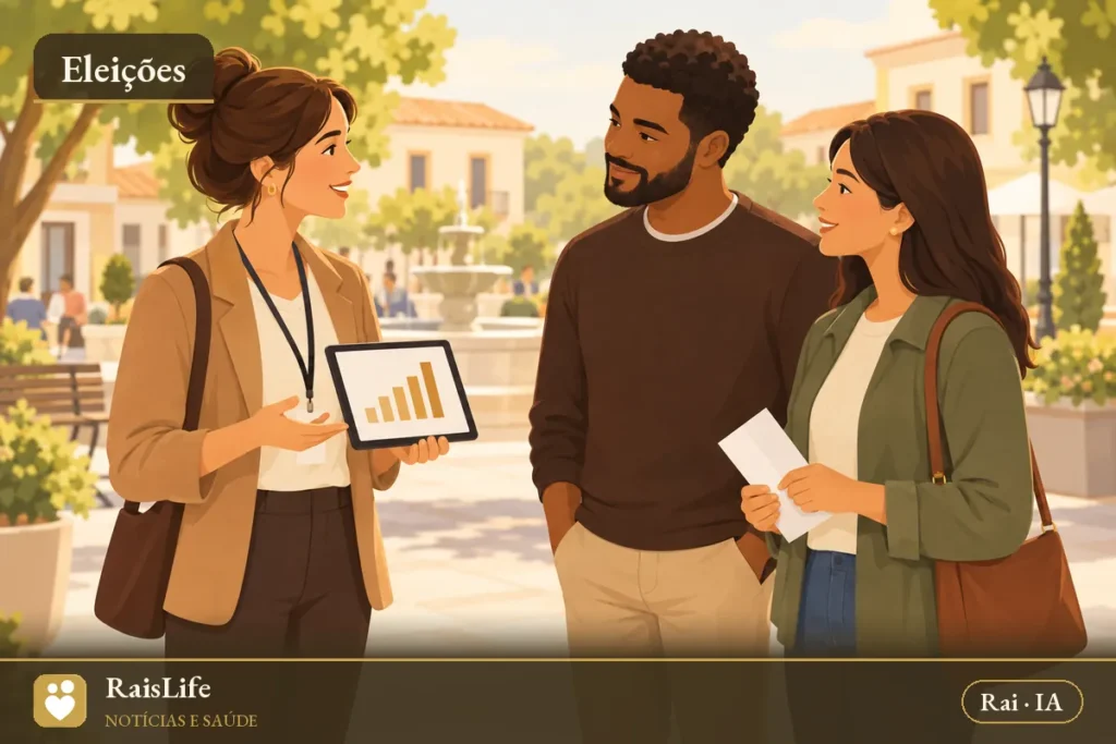 Imagem ilustrativa: entrevistadora com um tablet mostrando um gráfico de barras, conversando com dois cidadãos numa praça