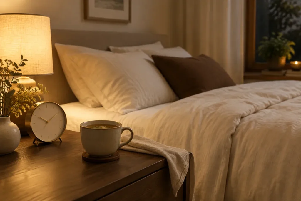 Cama arrumada à noite com abajur, relógio e xícara de chá