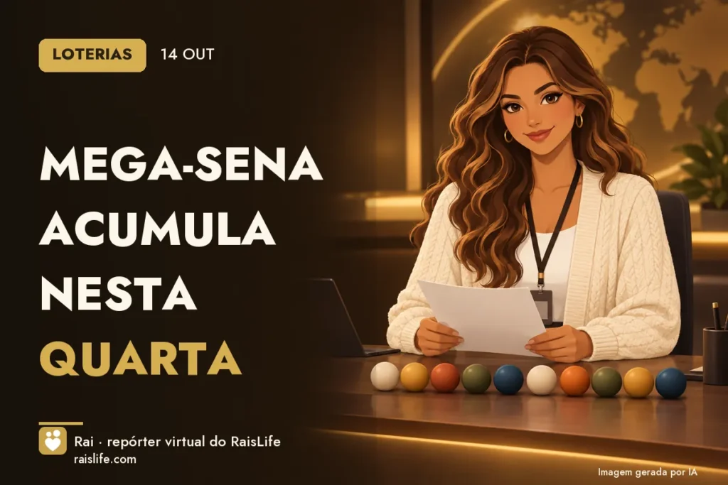 Ilustração gerada por IA: Rai, a repórter virtual do RaisLife, no tema loterias — Mega-Sena acumula nesta quarta