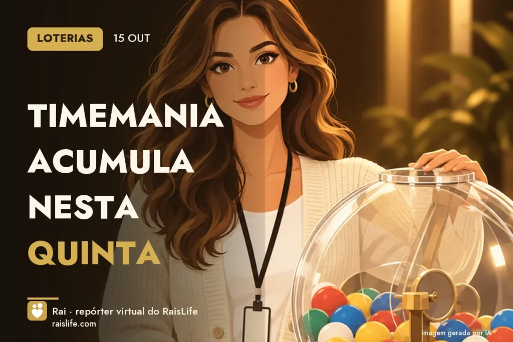 Ilustração gerada por IA: Rai, a repórter virtual do RaisLife, no tema loterias — Timemania acumula nesta quinta