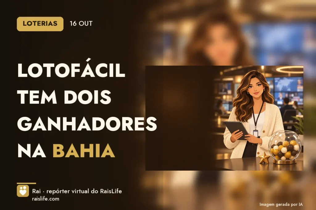 Ilustração gerada por IA: Rai, a repórter virtual do RaisLife, no tema loterias — Lotofácil tem dois ganhadores na Bahia