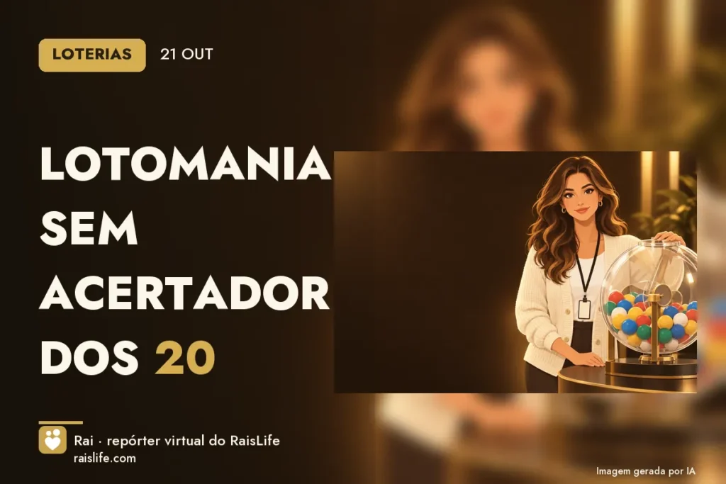 Ilustração gerada por IA: Rai, a repórter virtual do RaisLife, no tema loterias — Lotomania sem acertador dos 20