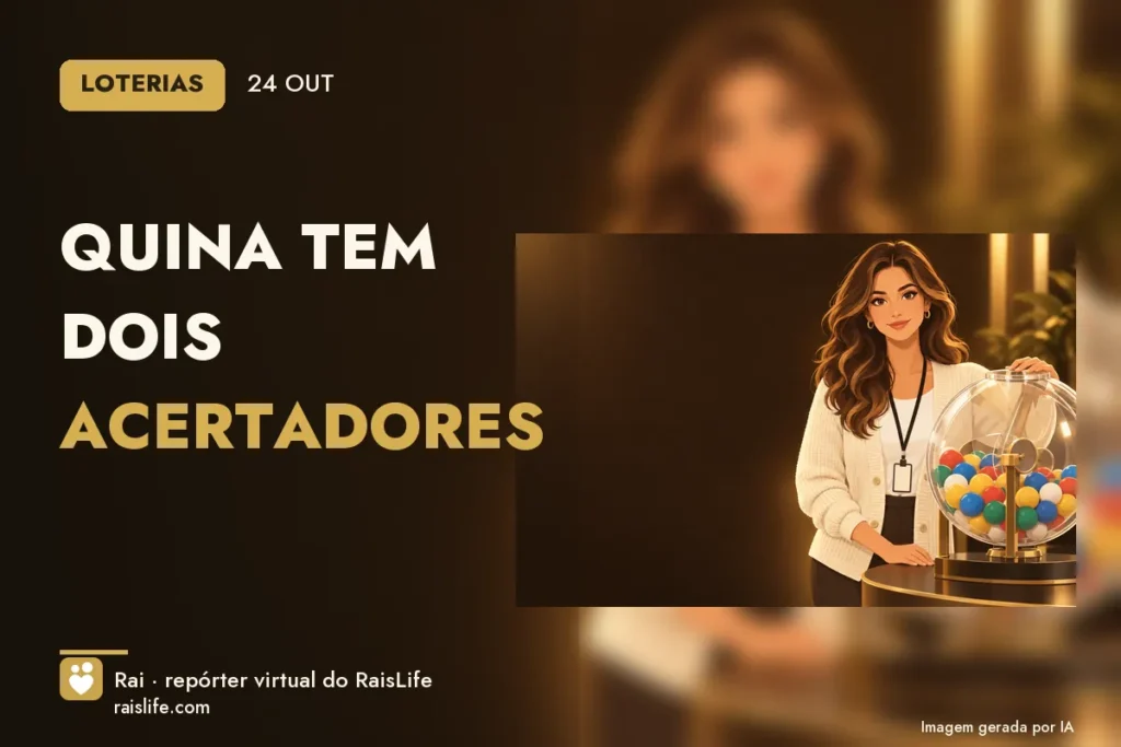 Ilustração gerada por IA: Rai, a repórter virtual do RaisLife, no tema loterias — Quina tem dois acertadores