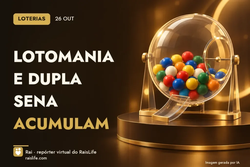 Ilustração gerada por IA: objetos do tema loterias, sem pessoas — Lotomania e Dupla Sena acumulam