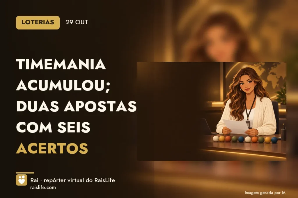 Ilustração gerada por IA: Rai, a repórter virtual do RaisLife, no tema loterias — Timemania acumulou; duas apostas com seis acertos